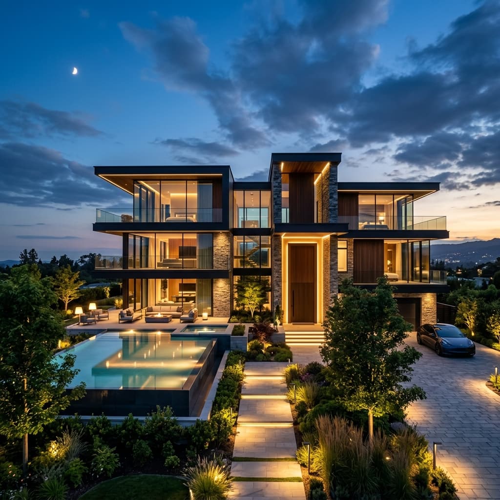 Ultra premium modern luxury mansion exterior at twilight
